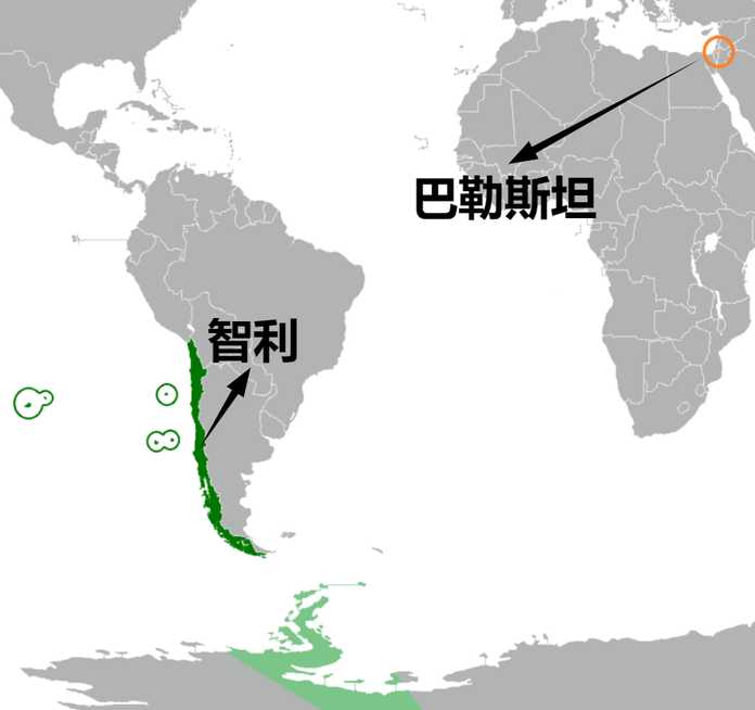 智利（深綠色為實控部分）和巴勒斯坦（橙色圈）位置