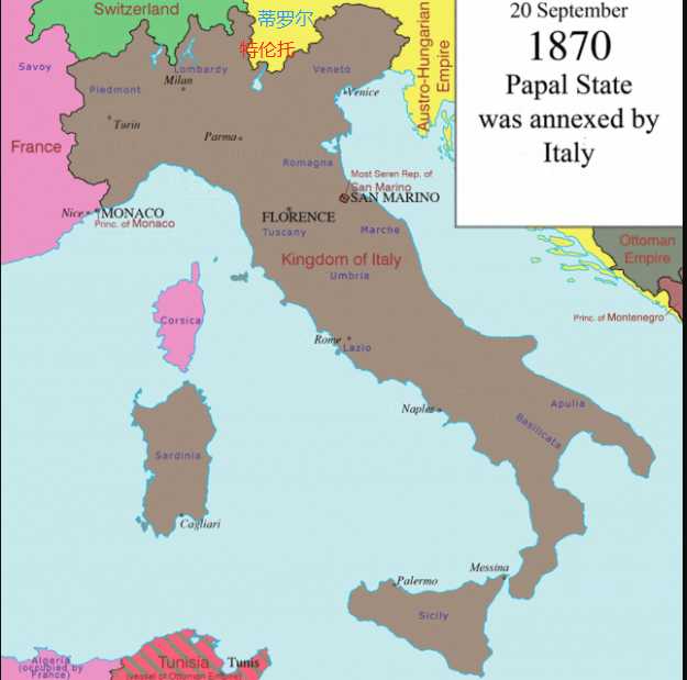 705e847a32c83a04a357d4e2da549027ecb44c47 1870年義大利統一布倫納羅山口附近還在奧匈帝國手裡