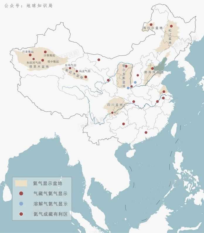 （中國含油氣盆地氦氣分佈圖）