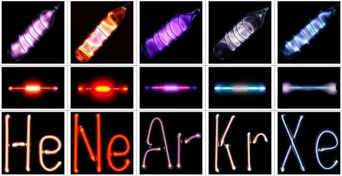 （部分稀有氣體放電的顏色和光譜圖：wiki）
