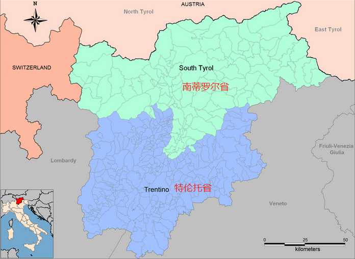 f838c276fcc8c6bd4188ffb1a9a4db932ac086fa 特倫蒂諾-上阿迪傑(下轄南蒂羅爾省)大區的位置