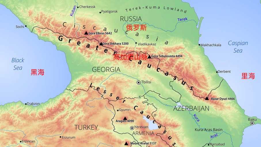 俄羅斯，大高加索山脈，黑海與裡海的位置分佈